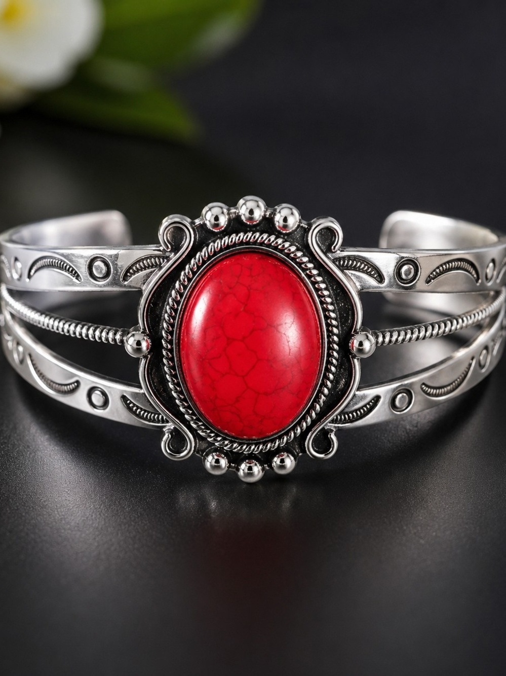 Red Stone Silver-Tone Cuff Bracelet - Women Jewelry